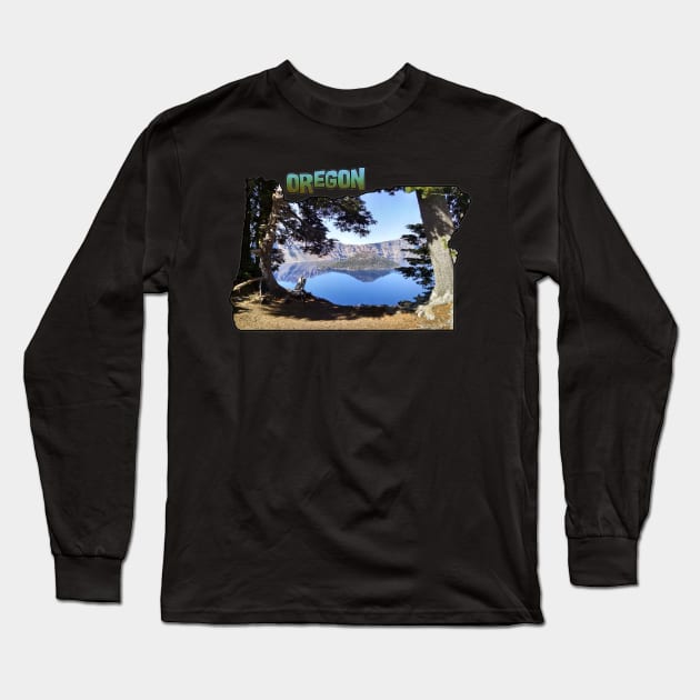 Oregon State Outline (Crater Lake & Wizard Island) Long Sleeve T-Shirt by gorff